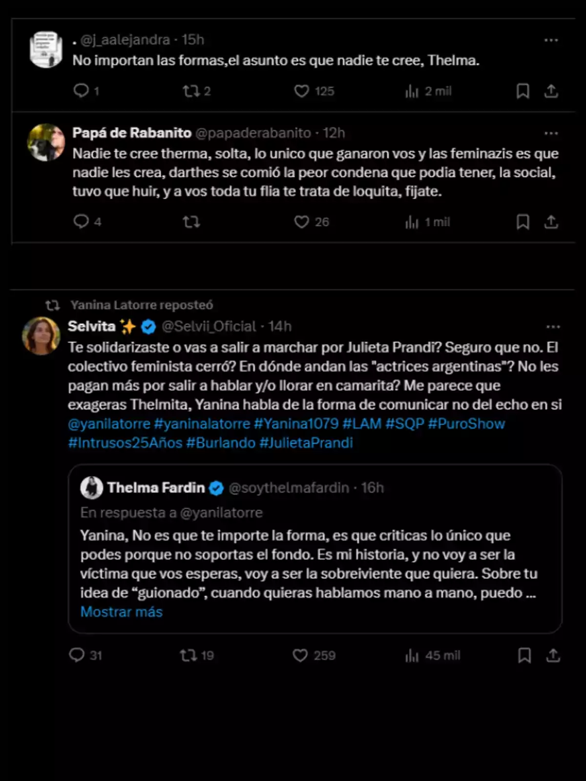 Captura de pantalla de varios tuits en los que se debate sobre la credibilidad de Thelma Fardin y el apoyo del colectivo feminista en casos de denuncias públicas, mencionando a Yanina Latorre y Julieta Prandi. Captura de pantalla de varios tuits en los que se debate sobre la credibilidad de Thelma Fardin y el apoyo del colectivo feminista en casos de denuncias públicas, mencionando a Yanina Latorre y Julieta Prandi.