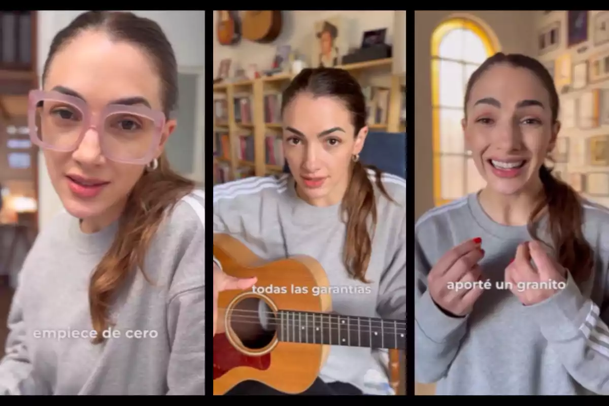 Mujer joven con cabello recogido y suéter gris aparece en tres escenas diferentes, en la primera lleva gafas grandes y sonríe, en la segunda sostiene una guitarra y en la tercera gesticula con las manos mientras sonríe, en cada imagen hay texto sobrepuesto Mujer joven con cabello recogido y suéter gris aparece en tres escenas diferentes, en la primera lleva gafas grandes y sonríe, en la segunda sostiene una guitarra y en la tercera gesticula con las manos mientras sonríe, en cada imagen hay texto sobrepuesto