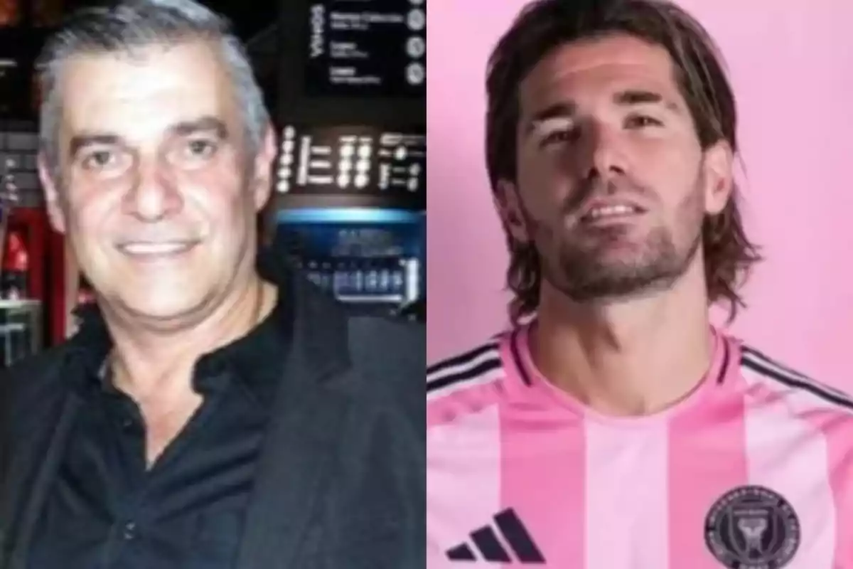 Dos hombres aparecen en la imagen, uno viste camisa negra y está en un ambiente interior, el otro lleva una camiseta rosa de un equipo de fútbol y está frente a un fondo rosa.