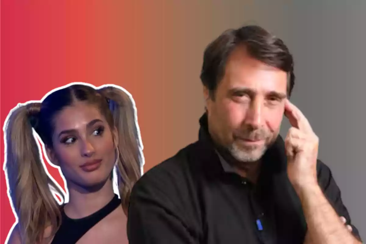 A young woman with pigtails looks at a middle-aged man who poses thoughtfully in front of a background that fades from red to gray.