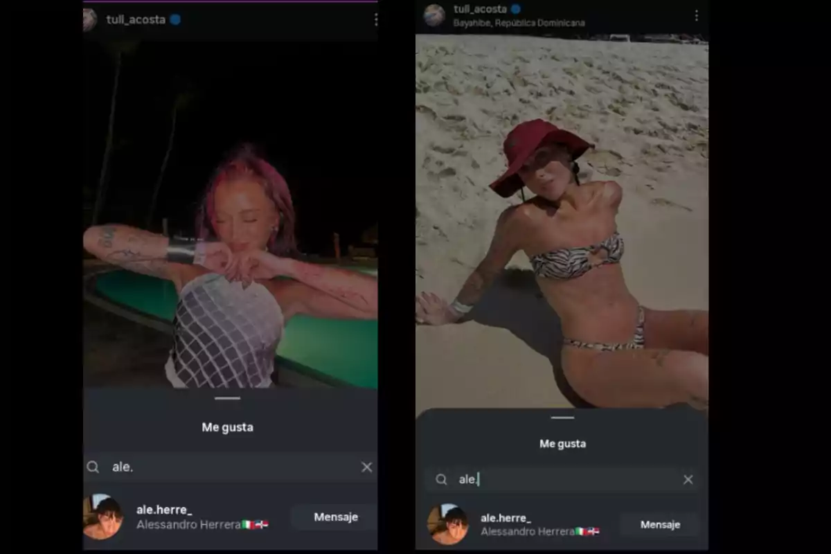 Dos capturas de pantalla de publicaciones de Instagram muestran a una mujer tatuada, en la primera imagen está de noche junto a una piscina y en la segunda está en la playa con bikini y sombrero rojo, ambas imágenes muestran la barra de búsqueda de usuarios y el perfil de Alessandro Herrera. Dos capturas de pantalla de publicaciones de Instagram muestran a una mujer tatuada, en la primera imagen está de noche junto a una piscina y en la segunda está en la playa con bikini y sombrero rojo, ambas imágenes muestran la barra de búsqueda de usuarios y el perfil de Alessandro Herrera.