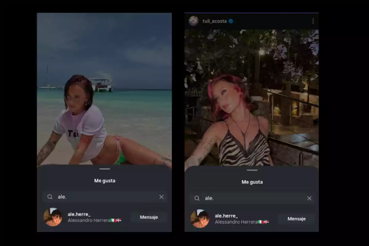 Dos capturas de pantalla muestran a una mujer con cabello rojizo en diferentes escenarios, una en la playa y otra en un lugar nocturno, ambas con la interfaz de Instagram abierta en la sección de Dos capturas de pantalla muestran a una mujer con cabello rojizo en diferentes escenarios, una en la playa y otra en un lugar nocturno, ambas con la interfaz de Instagram abierta en la sección de