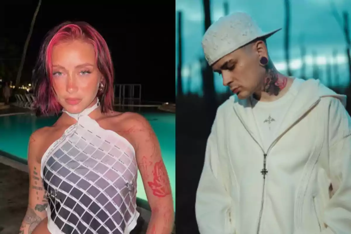 Dos personas posan en diferentes escenarios, una mujer con cabello corto y teñido de rosa junto a una piscina de noche y un hombre con gorra blanca y sudadera clara en un ambiente al aire libre con fondo azul