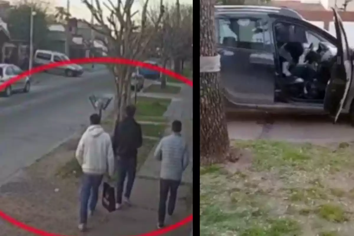 Tres personas caminando por una acera y un vehículo estacionado con la puerta abierta Tres personas caminando por una acera y un vehículo estacionado con la puerta abierta
