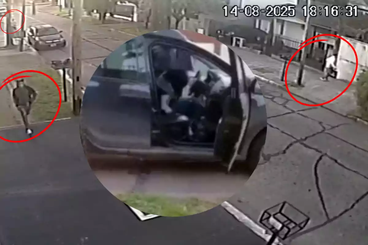 Imagen de una cámara de seguridad que muestra a varias personas en la calle, algunas de ellas rodeadas con círculos rojos, y un acercamiento al interior de un vehículo con las puertas abiertas