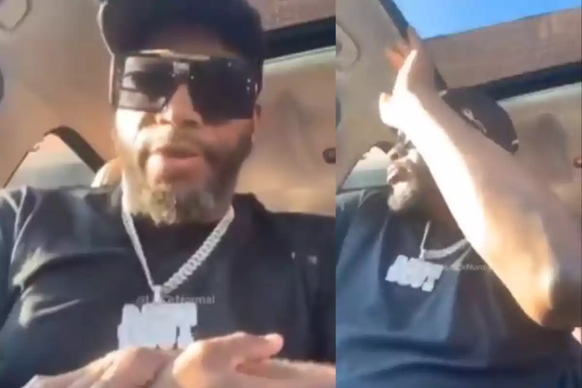 Hombre con barba y gafas oscuras sentado en un auto, usando una gorra y una cadena plateada, en la segunda parte de la imagen levanta el brazo hacia el techo del vehículo