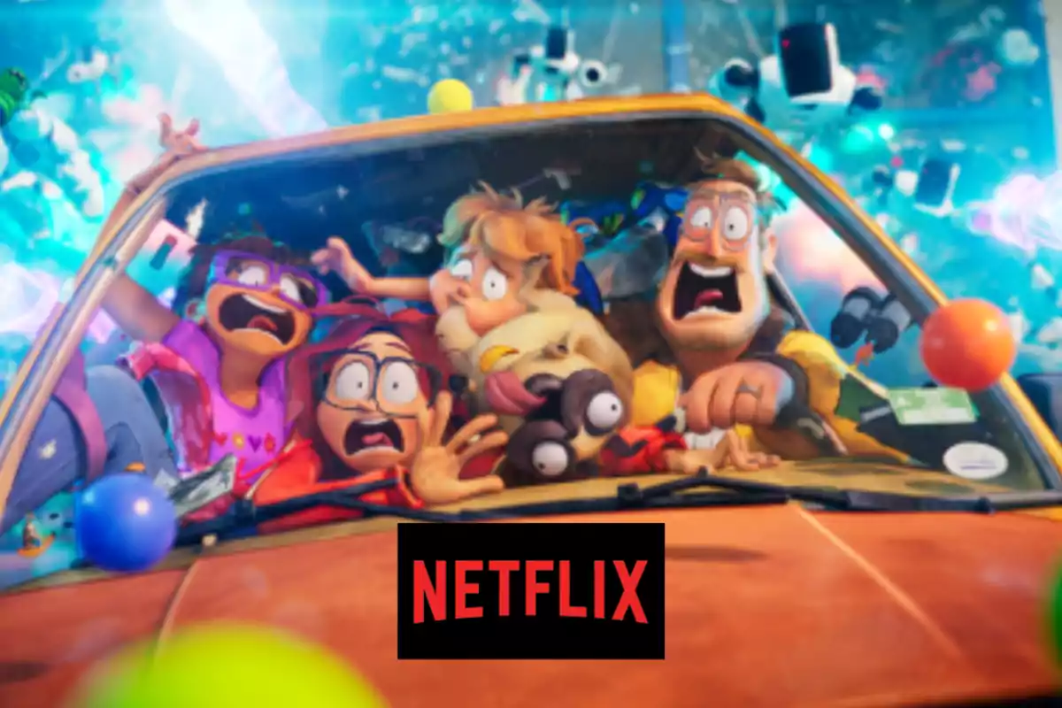 Familia animada dentro de un auto con expresiones de miedo rodeada de robots y colores brillantes con el logo de Netflix al frente