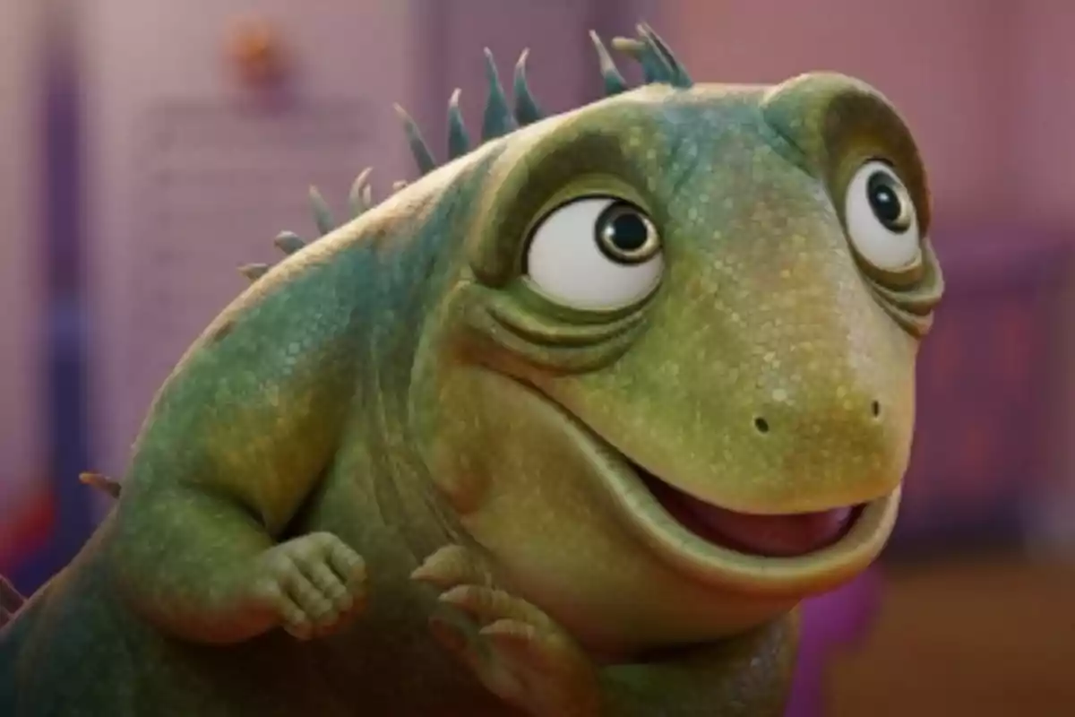 Iguana animada de color verde con expresión sonriente y ojos grandes en un entorno interior desenfocado Iguana animada de color verde con expresión sonriente y ojos grandes en un entorno interior desenfocado