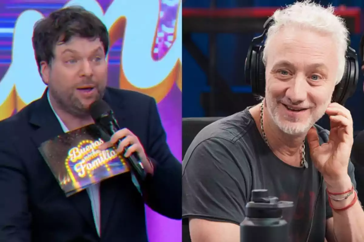 Two men in different settings, one with a microphone and a card in his hand, and the other wearing headphones and smiling. Two men in different settings, one with a microphone and a card in his hand, and the other wearing headphones and smiling.