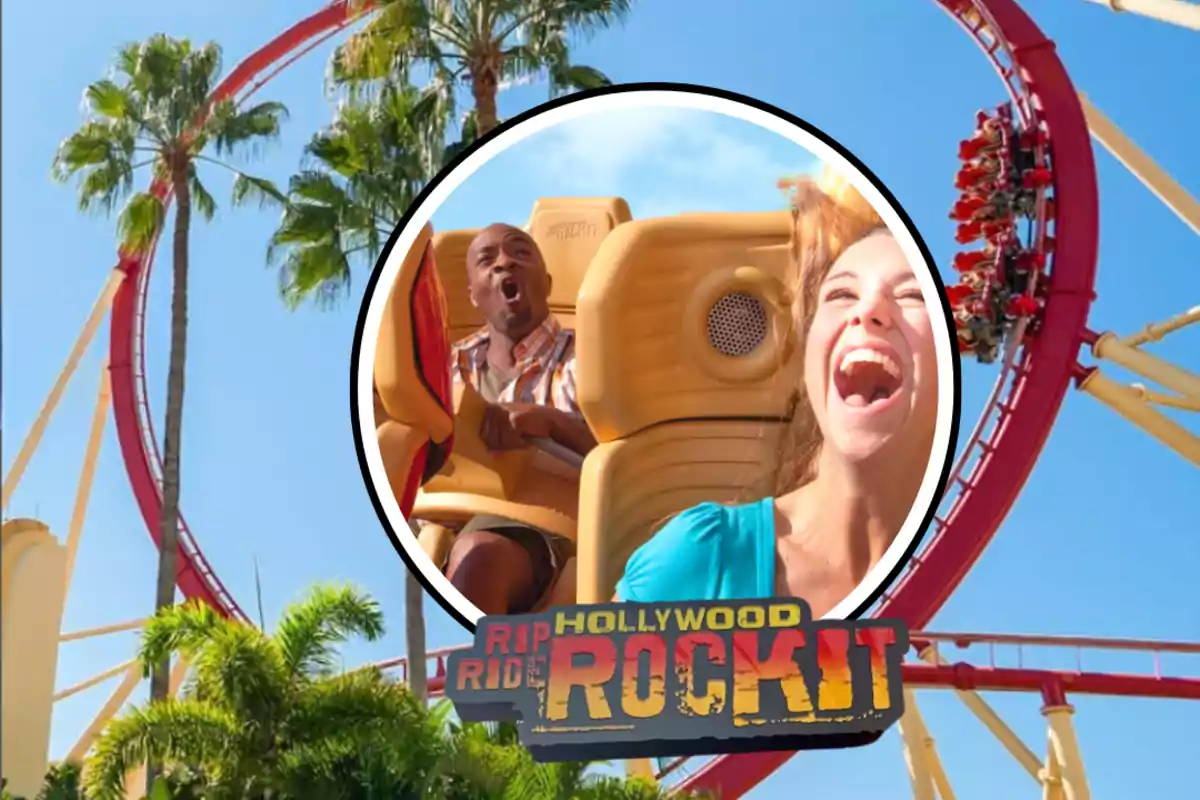 People enjoying an outdoor roller coaster with palm trees and blue sky in the background and the Hollywood Rip Ride Rockit logo at the bottom