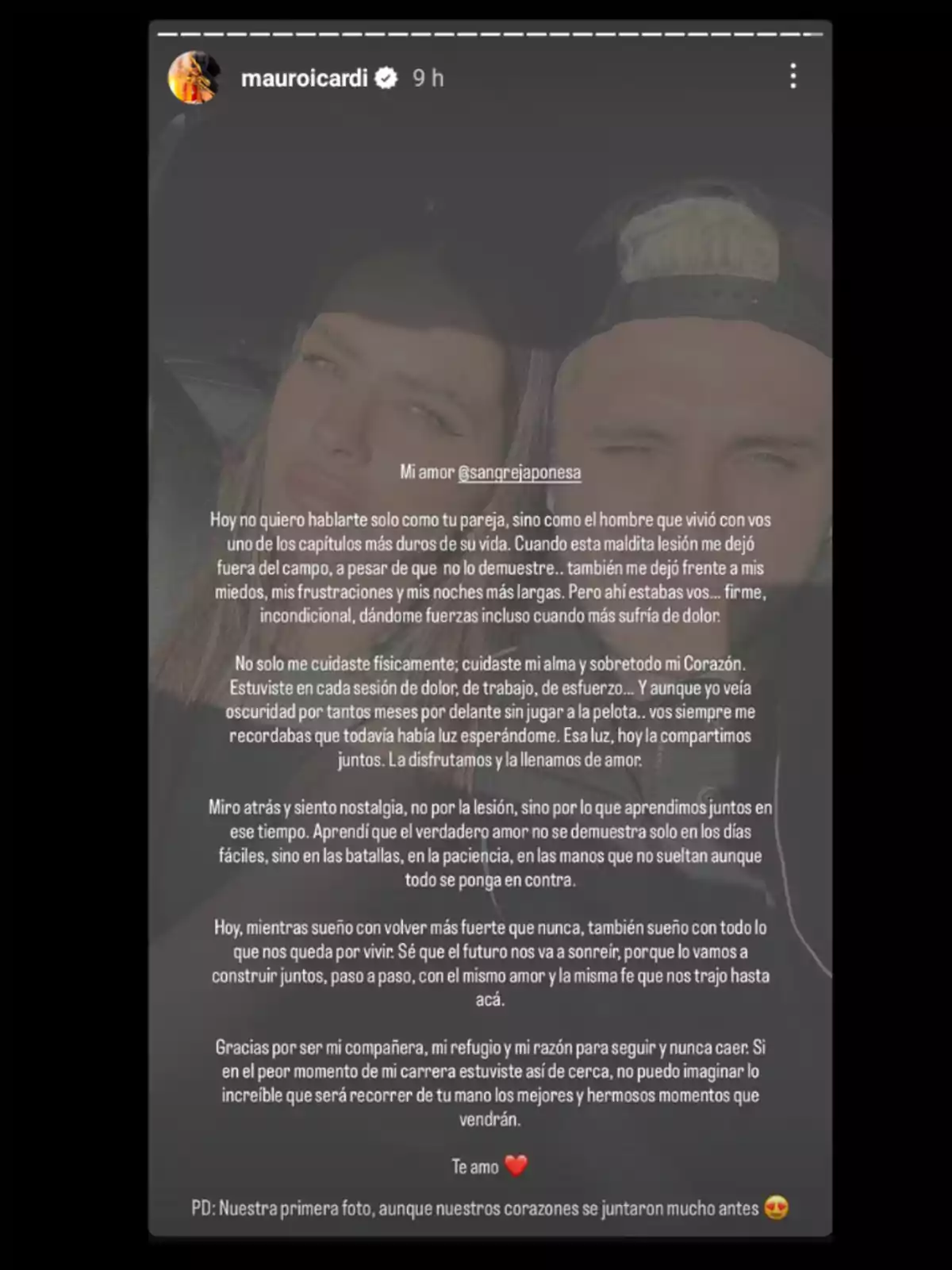 Selfie of a couple with a long, heartfelt message overlaid, where one person thanks their partner for the support during a difficult time, expressing love and hope for their future together. Selfie of a couple with a long, heartfelt message overlaid, where one person thanks their partner for the support during a difficult time, expressing love and hope for their future together.