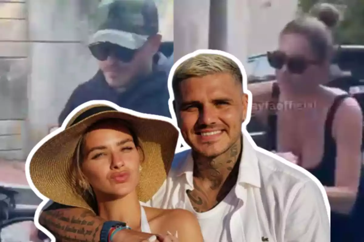 Una pareja sonriente en primer plano con fondo de dos personas usando gafas de sol y ropa casual