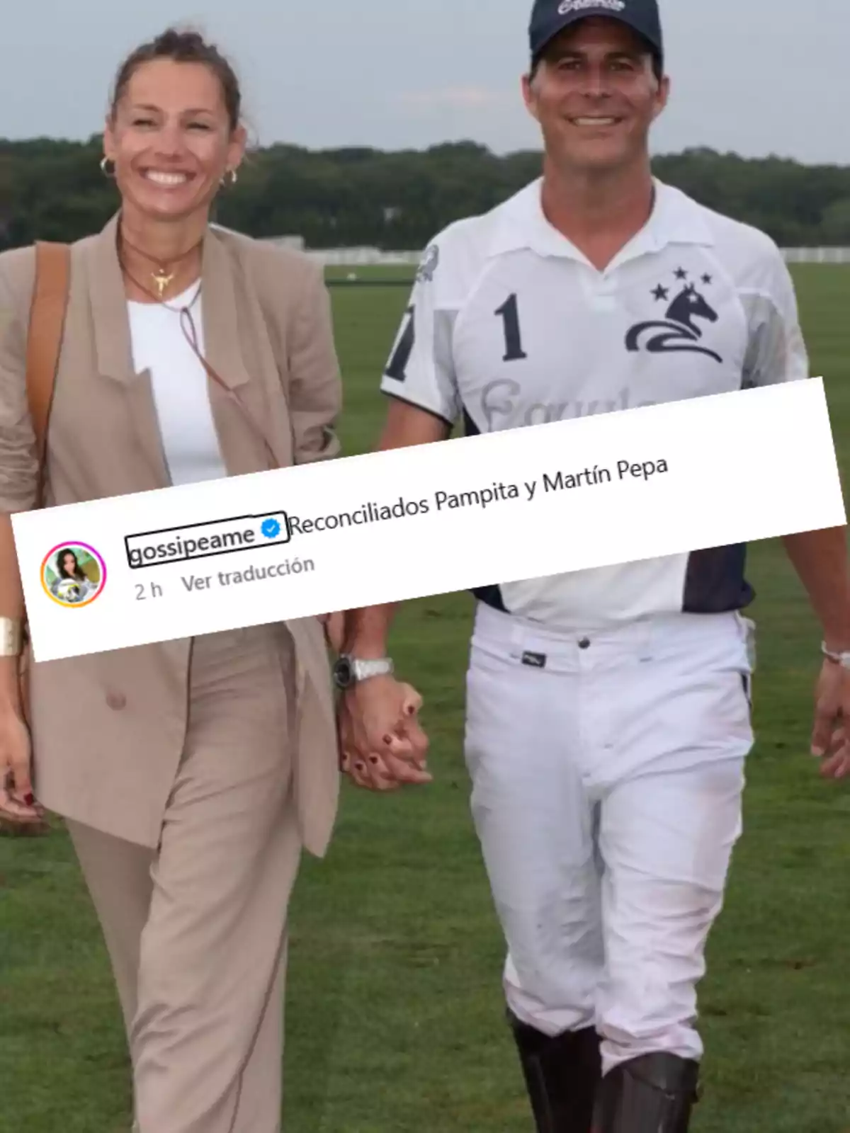 A smiling couple walks hand in hand across the grass, she wears a beige suit and he is dressed in white polo clothes, with overlaid text mentioning a reconciliation. A smiling couple walks hand in hand across the grass, she wears a beige suit and he is dressed in white polo clothes, with overlaid text mentioning a reconciliation.