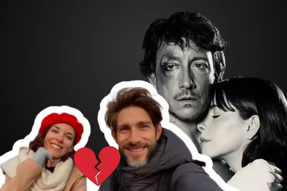 A smiling couple in the foreground with a broken heart between them, and in the background a black-and-white image of a man with a sad expression and a woman hugging him.