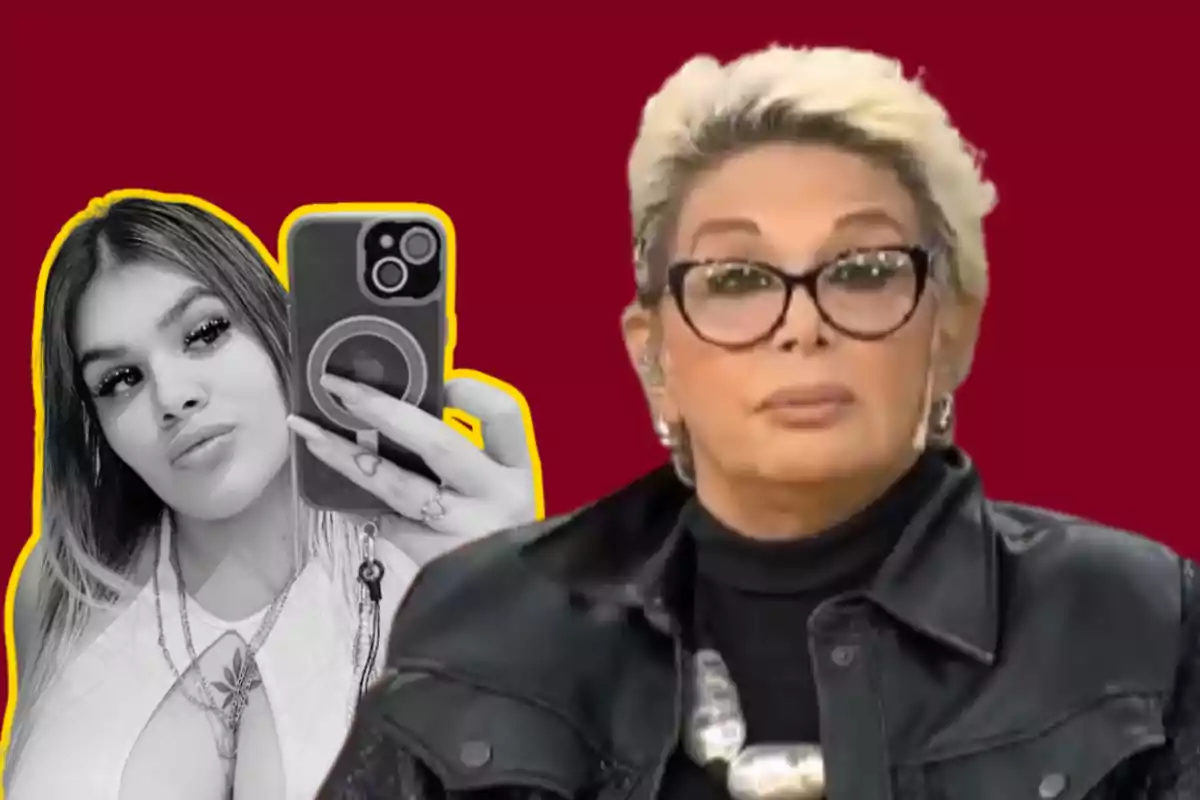 Dos mujeres aparecen sobre un fondo rojo, una de ellas en blanco y negro sosteniendo un teléfono móvil y la otra con gafas y cabello corto rubio, ambas resaltadas con un contorno amarillo