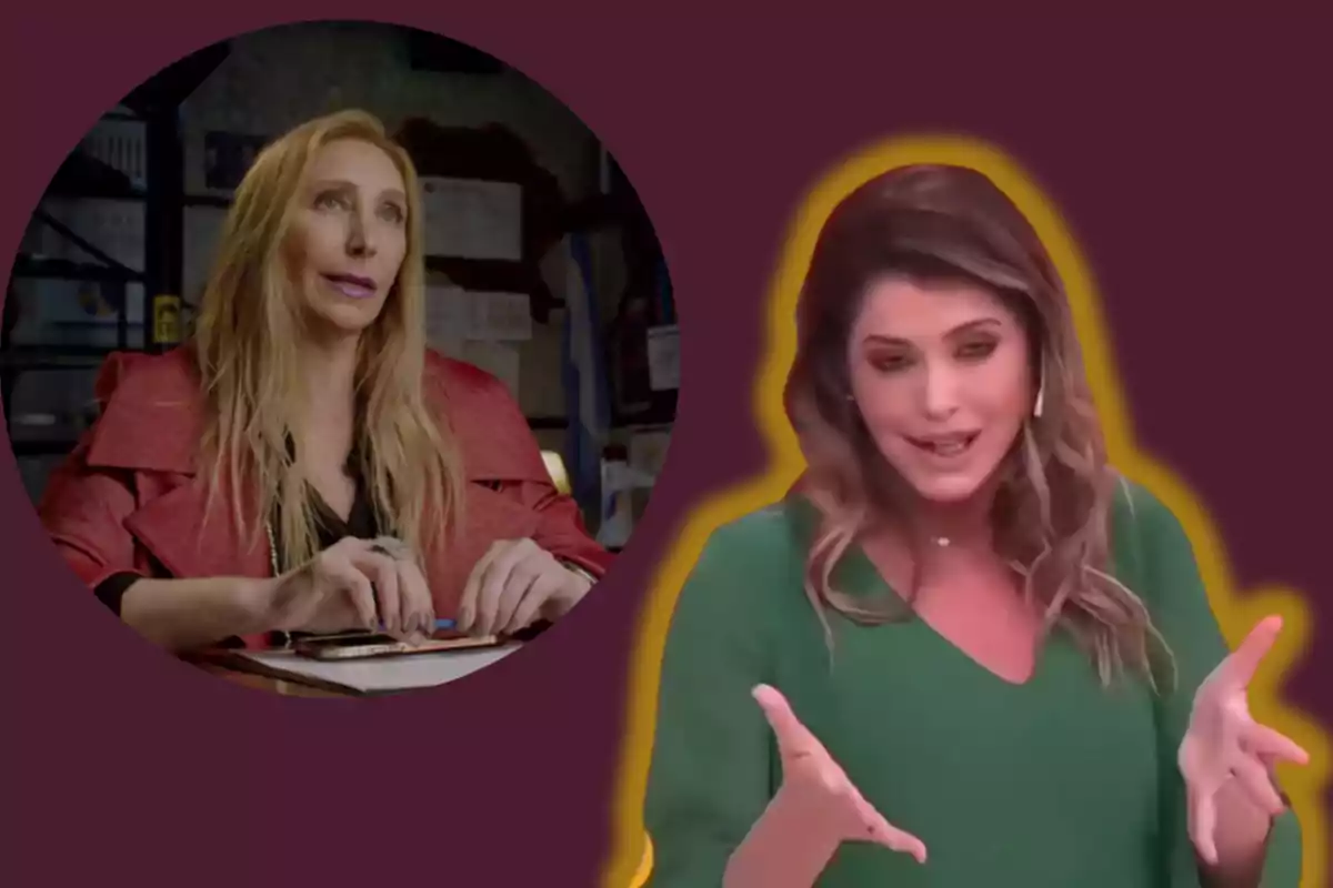 Two women appear in the image, one with blonde hair and a red jacket sitting in front of a table, the other with brown hair and a green blouse gesturing with her hands, both against a wine-colored background.