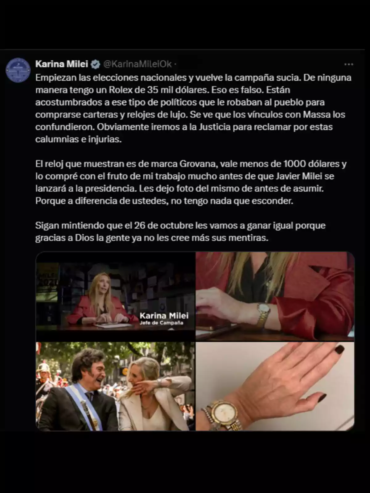 Publicación en redes sociales de Karina Milei desmintiendo tener un reloj Rolex costoso, explicando que su reloj es de la marca Grovana y mostrando fotos de su muñeca con el reloj puesto en diferentes situaciones Publicación en redes sociales de Karina Milei desmintiendo tener un reloj Rolex costoso, explicando que su reloj es de la marca Grovana y mostrando fotos de su muñeca con el reloj puesto en diferentes situaciones