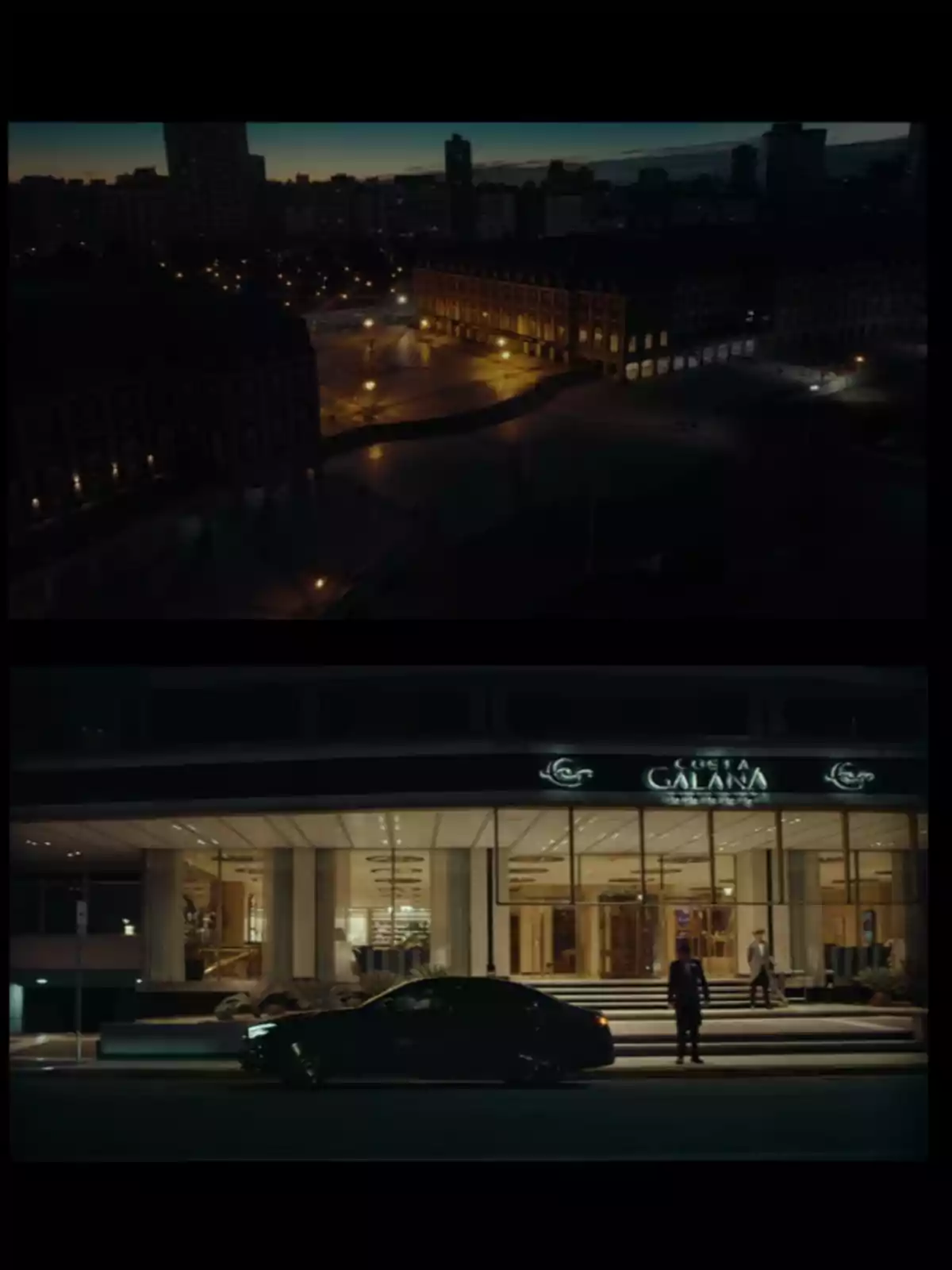 Night view of a city with illuminated buildings and an empty square at the top, at the bottom an elegant hotel with a black car parked and two people at the entrance Night view of a city with illuminated buildings and an empty square at the top, at the bottom an elegant hotel with a black car parked and two people at the entrance