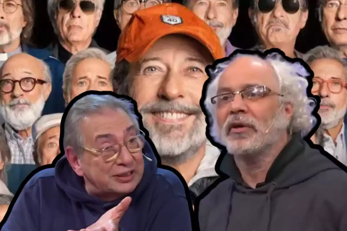 Dos hombres mayores con barba y gafas en primer plano sobre un fondo de varias imágenes de un hombre con barba y gorra naranja, todos con expresiones serias o sonrientes