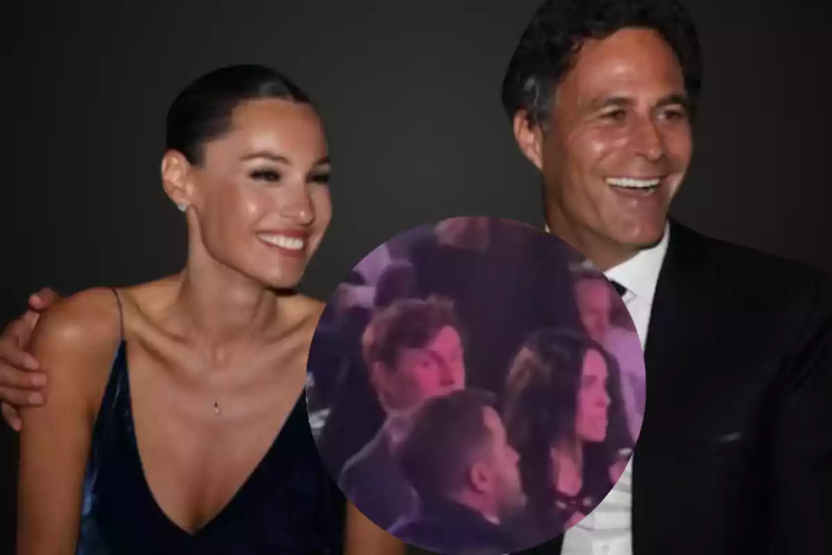 Una pareja sonriente en primer plano con un círculo ampliado en el centro que muestra a varias personas sentadas en un evento social
