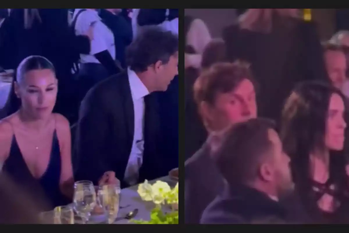 Varias personas elegantemente vestidas están sentadas en mesas durante un evento social o cena formal Varias personas elegantemente vestidas están sentadas en mesas durante un evento social o cena formal