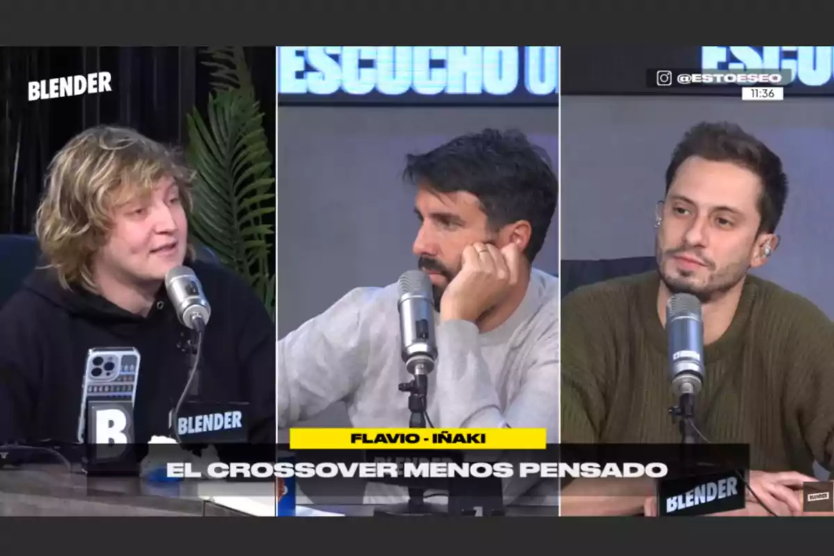 Tres hombres conversan frente a micrófonos en un estudio de radio con el texto El crossover menos pensado en la parte inferior Tres hombres conversan frente a micrófonos en un estudio de radio con el texto El crossover menos pensado en la parte inferior