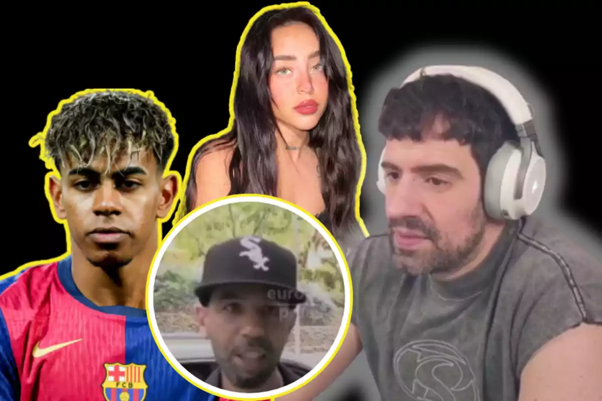 Four people appear in the image: one wearing a Barcelona jersey, another with headphones, a woman with long dark hair, and a man with a black cap inside a yellow circle, all outlined in yellow against a black background.