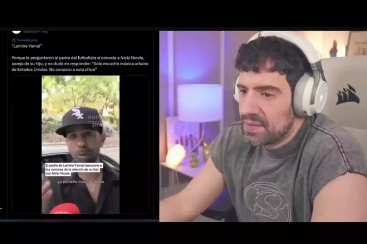 A man wearing headphones looks at a screen displaying a video of another person with a black cap and a beard, along with text in Spanish. A man wearing headphones looks at a screen displaying a video of another person with a black cap and a beard, along with text in Spanish.