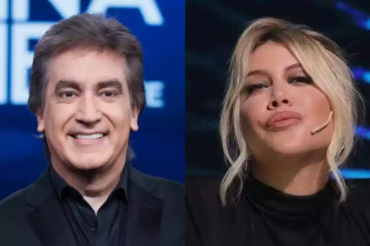 A brown-haired man and a blonde woman wearing a headset, both dressed in black and posing in front of dark backgrounds in a television studio