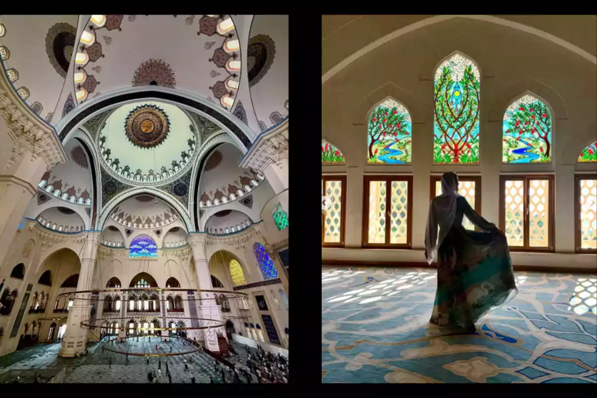 Interior of a mosque with a decorated dome and colorful stained glass windows, next to a woman in a long dress seen from behind, observing the ornate windows Interior of a mosque with a decorated dome and colorful stained glass windows, next to a woman in a long dress seen from behind, observing the ornate windows