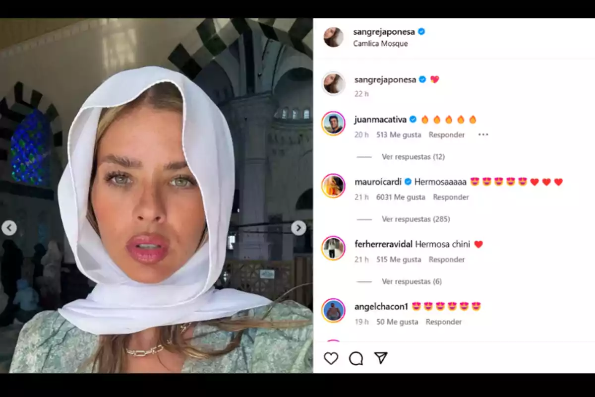 Blonde-haired, light-eyed woman wearing a white headscarf inside a mosque with colorful stained glass in the background and comments on an Instagram post to the right Blonde-haired, light-eyed woman wearing a white headscarf inside a mosque with colorful stained glass in the background and comments on an Instagram post to the right