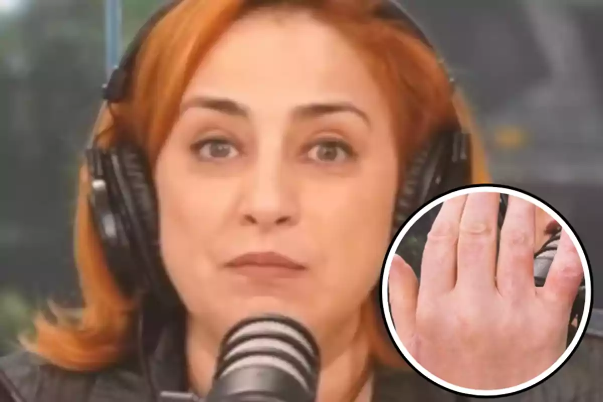 Reddish-haired woman wearing headphones and a microphone with a box zooming in on her hand