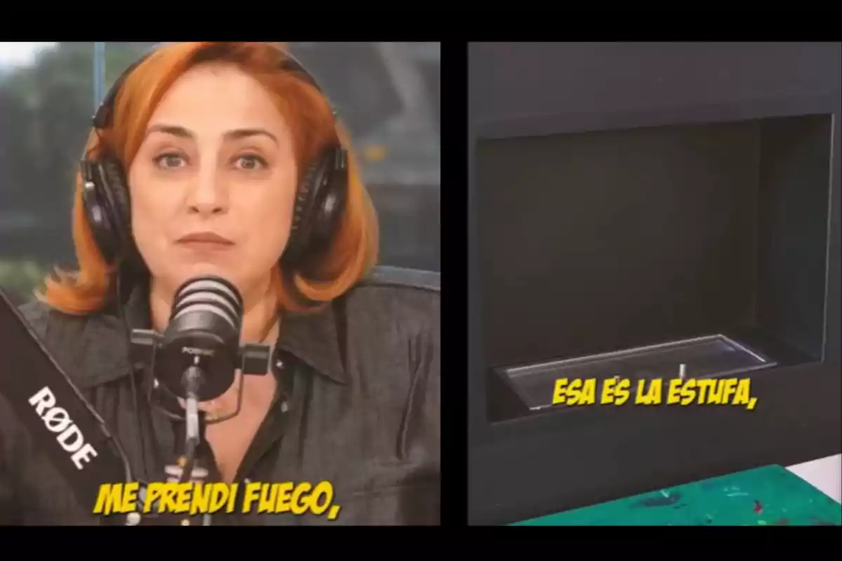 Woman with headphones and a microphone speaking in a recording studio next to an image of a modern stove with yellow subtitles Woman with headphones and a microphone speaking in a recording studio next to an image of a modern stove with yellow subtitles