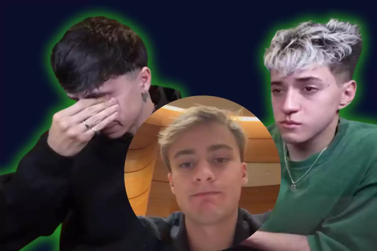 Three young people with sad and serious expressions, one of them covering their face with their hand and another in the center inside a circle, all against a dark background.