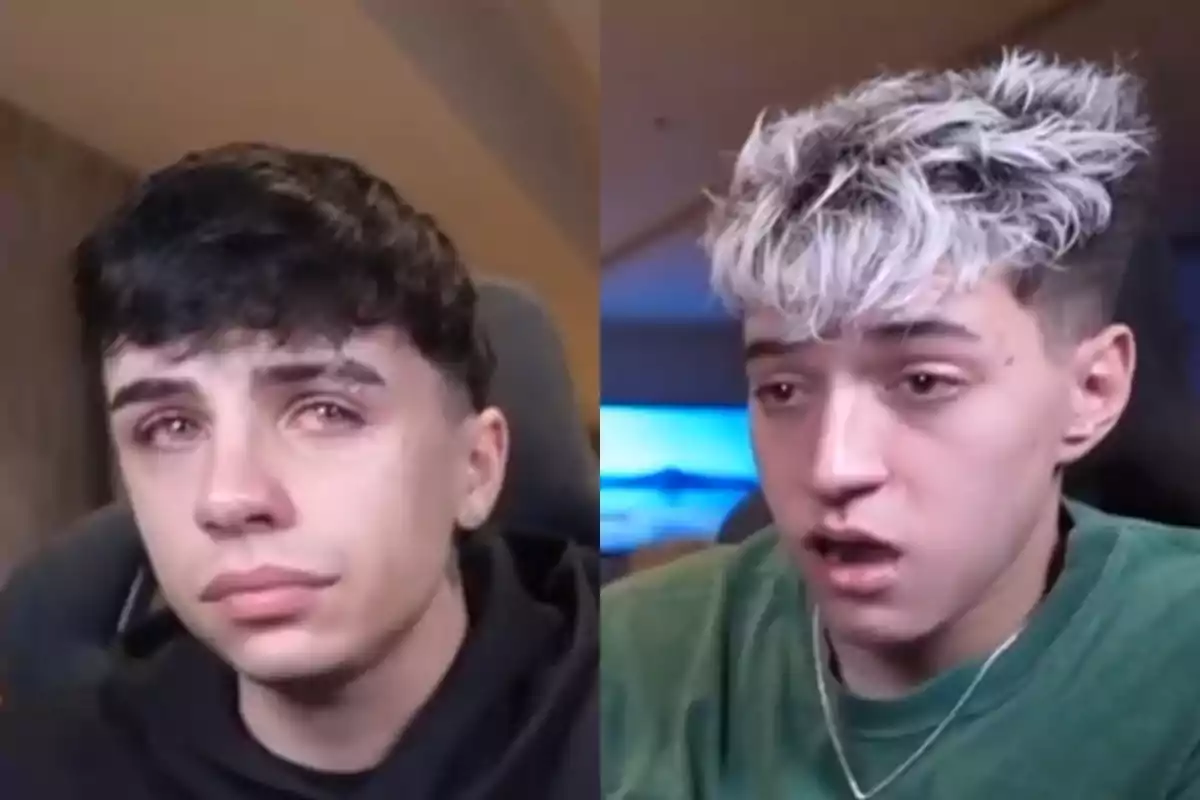 Two young people with sad expressions and teary eyes, one with dark hair and the other with dyed blond hair, both sitting in front of a camera. Two young people with sad expressions and teary eyes, one with dark hair and the other with dyed blond hair, both sitting in front of a camera.