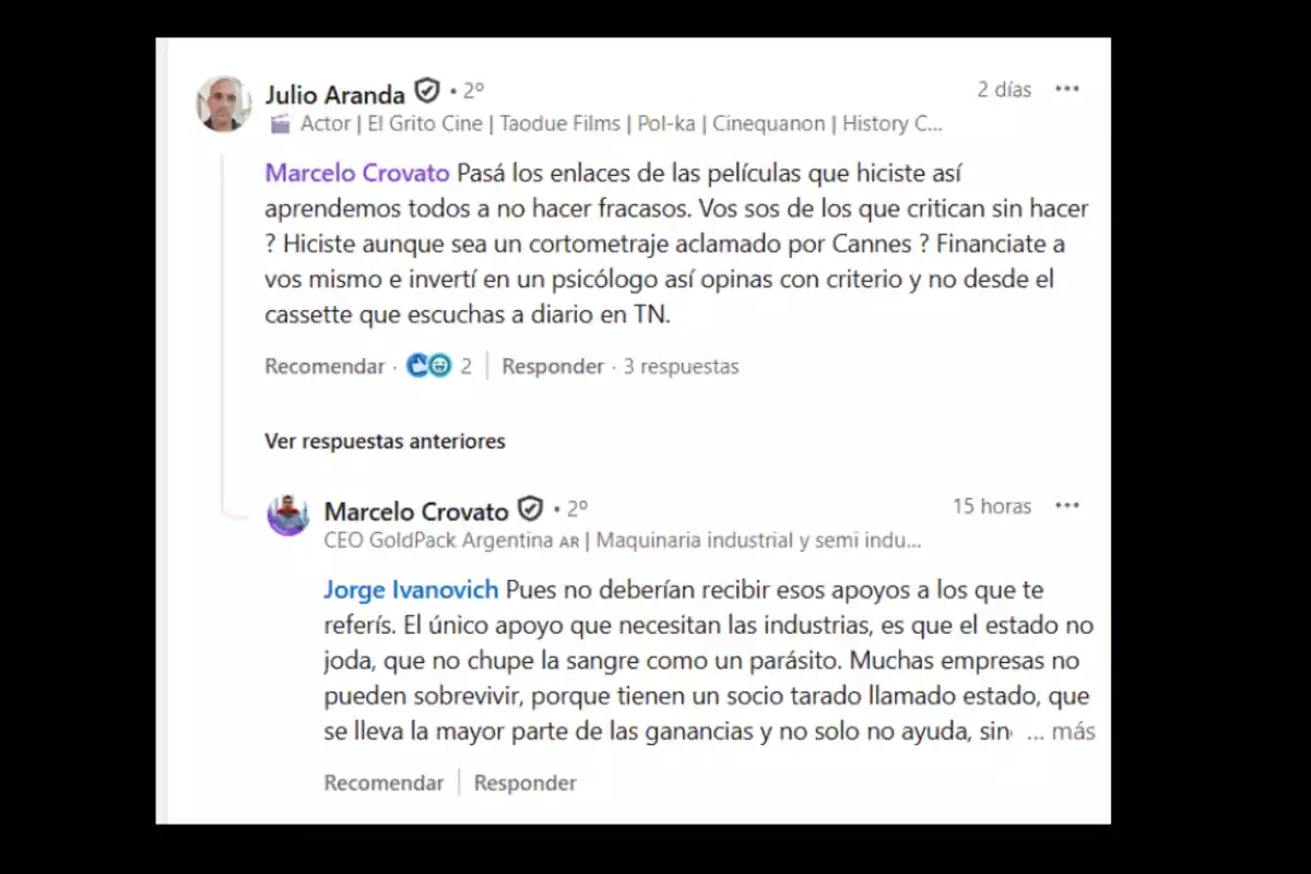 Screenshot of a conversation on LinkedIn between two users discussing criticism and state support for industries, where one questions the other's authority to comment and the second responds by criticizing state intervention in companies. Screenshot of a conversation on LinkedIn between two users discussing criticism and state support for industries, where one questions the other's authority to comment and the second responds by criticizing state intervention in companies.