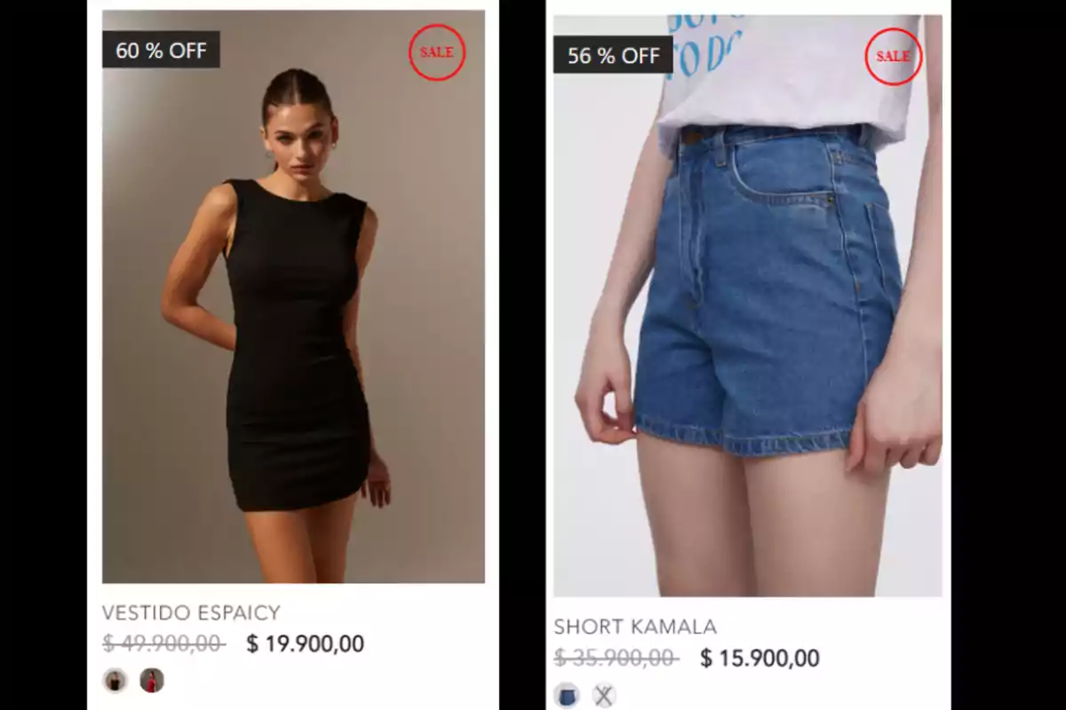 Two items on sale, a fitted black dress and a pair of blue denim shorts, both with significant discounts and reduced prices. Two items on sale, a fitted black dress and a pair of blue denim shorts, both with significant discounts and reduced prices.