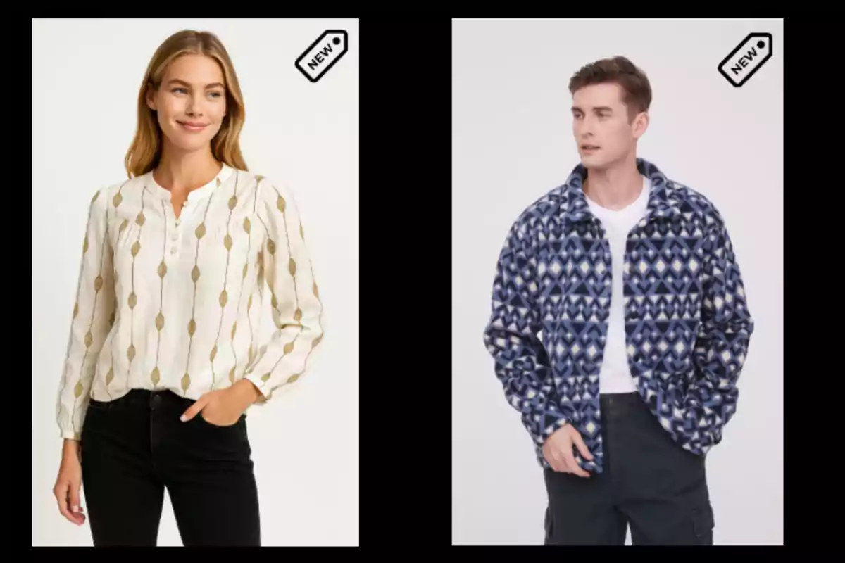 Two people pose in new clothes: a woman wears a light blouse with a gold print, and a man wears a blue jacket with a geometric pattern. Two people pose in new clothes: a woman wears a light blouse with a gold print, and a man wears a blue jacket with a geometric pattern.
