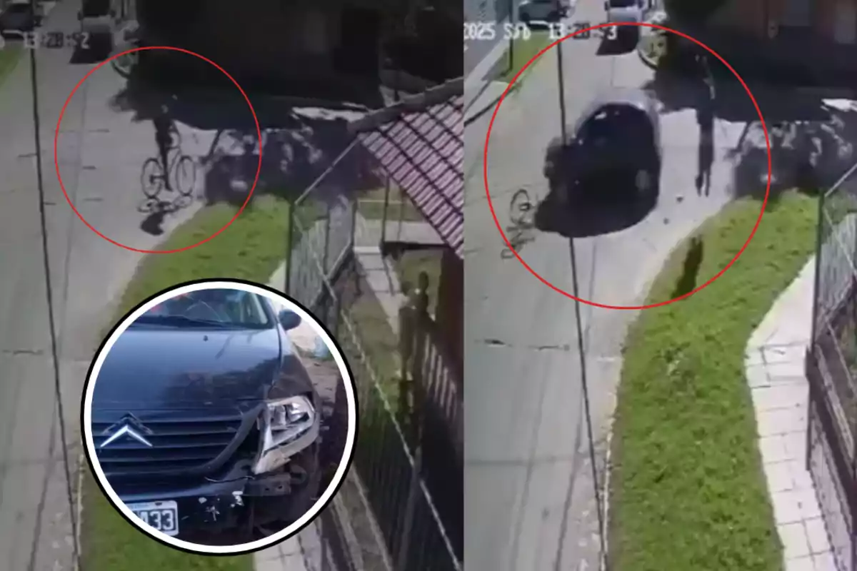 Sequence of images from a security camera showing the moment a car hits a person on a bicycle at a corner, with an inset highlighting the damage to the front of the involved vehicle.