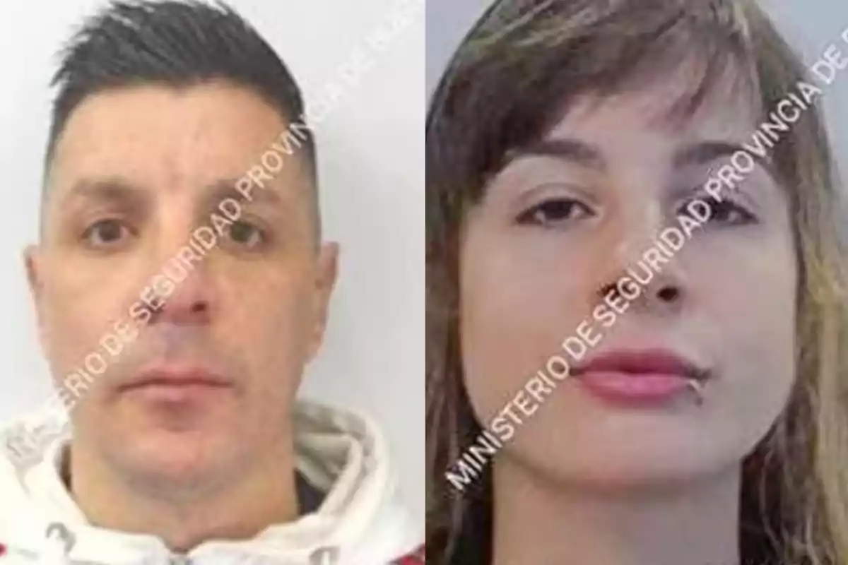Dos fotografías tipo carnet de un hombre y una mujer con fondo claro y la marca de agua del Ministerio de Seguridad