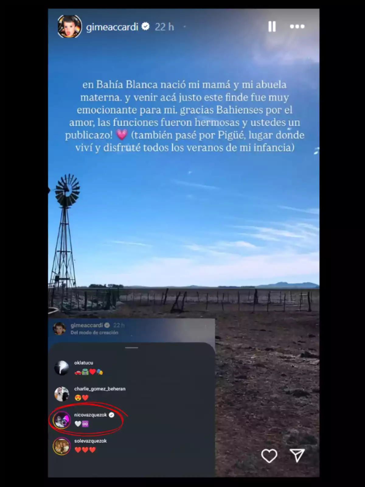 Historia de Instagram con un mensaje emotivo sobre Bahía Blanca y Pigüé, mostrando un campo con molino bajo un cielo azul y comentarios de seguidores con emojis de corazones Historia de Instagram con un mensaje emotivo sobre Bahía Blanca y Pigüé, mostrando un campo con molino bajo un cielo azul y comentarios de seguidores con emojis de corazones