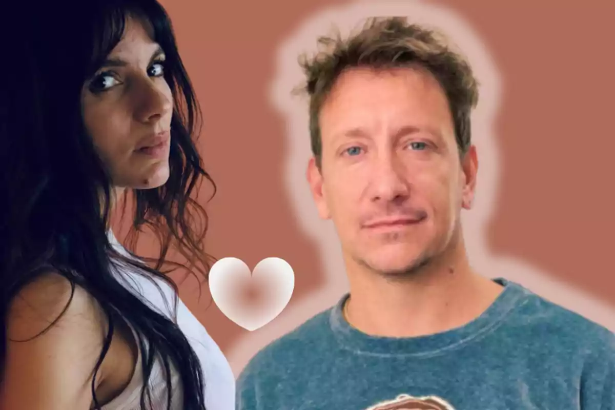 Una mujer de cabello oscuro y un hombre de cabello claro aparecen juntos sobre un fondo marrón con un corazón blanco entre ellos.