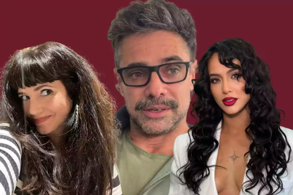 Three people pose in front of a wine-colored background: a woman with long dark hair on the left, a man with glasses in the center, and a woman with curly hair and red lips on the right.