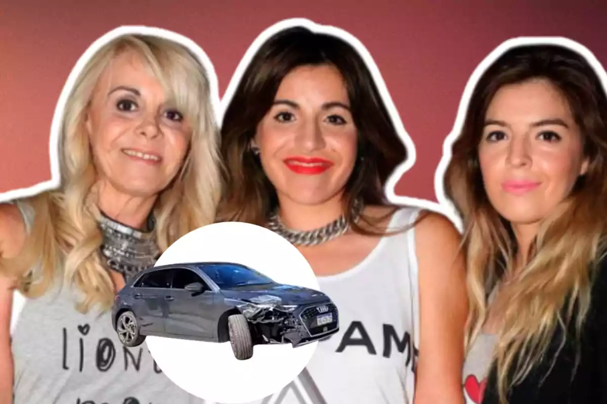 Three women pose together in front of a red background, and in the center of the image there is a gray car with a damaged front end.