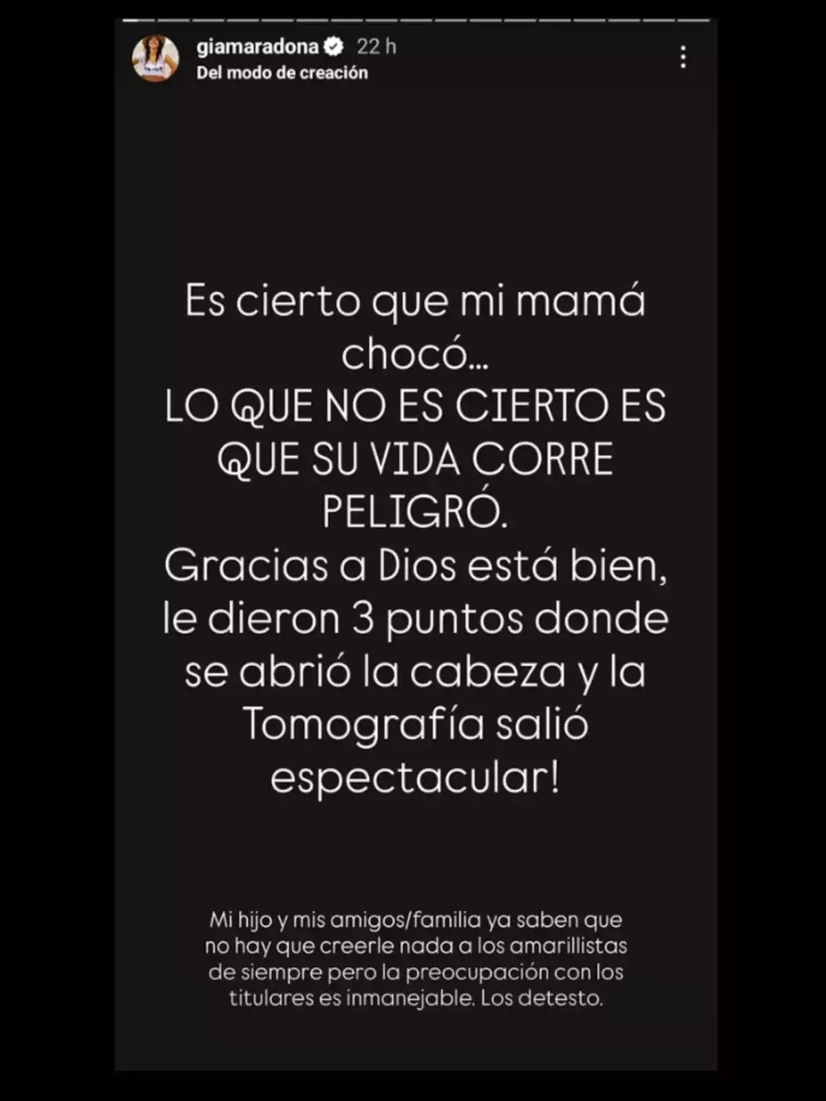 Instagram story with a black background and white text where someone explains that their mom had an accident but is not in danger, expresses gratitude that she’s okay, mentions she got three stitches on her head and that the CT scan was fine, and also criticizes sensationalist media for causing unnecessary worry. Instagram story with a black background and white text where someone explains that their mom had an accident but is not in danger, expresses gratitude that she’s okay, mentions she got three stitches on her head and that the CT scan was fine, and also criticizes sensationalist media for causing unnecessary worry.