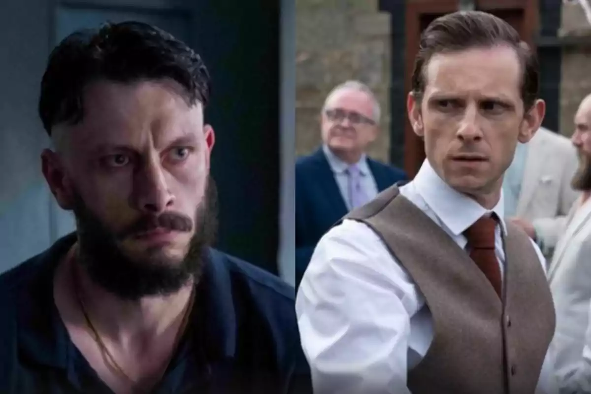 Two men with serious expressions, one with a beard and dark hair in an indoor setting, and the other wearing a vest and tie in an outdoor environment with people in the background. Two men with serious expressions, one with a beard and dark hair in an indoor setting, and the other wearing a vest and tie in an outdoor environment with people in the background.