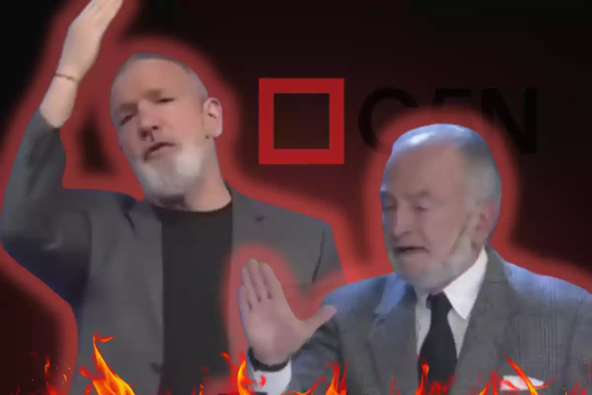 Two older men with beards and a dark background, surrounded by a red glow and flames at the bottom, with a red square logo and black letters in the background