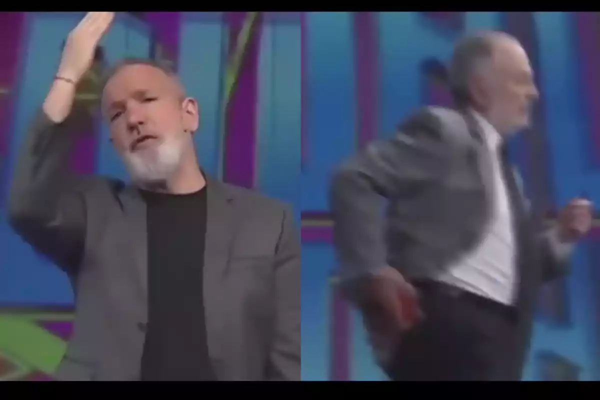 Gray-bearded man in a gray jacket making a hand gesture in the first image and running in the second, both on a stage with a blue background and colorful details. Gray-bearded man in a gray jacket making a hand gesture in the first image and running in the second, both on a stage with a blue background and colorful details.