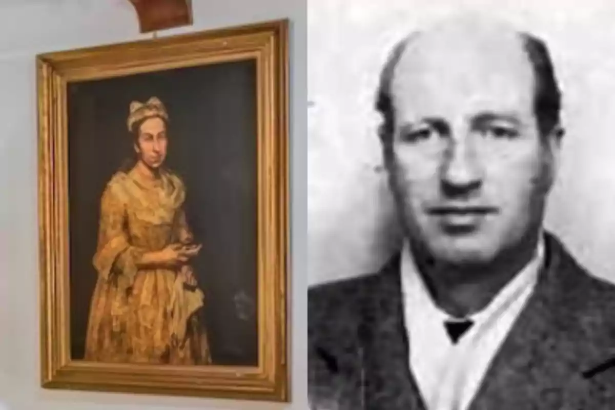 Un retrato pintado de una mujer con vestido antiguo enmarcado en oro junto a una fotografía en blanco y negro de un hombre calvo con expresión seria.