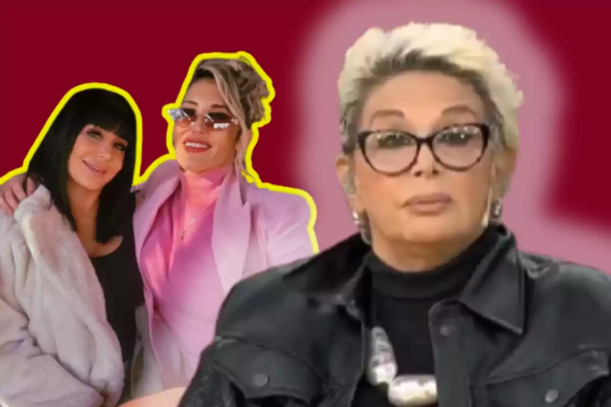 Three women pose in front of a red background; two of them are together and outlined with a yellow border, while the third stands in front wearing glasses and a large necklace.